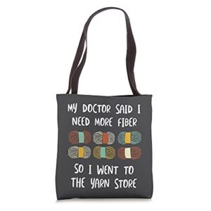 funny fiber knitting joke, yarn crochet tote bag