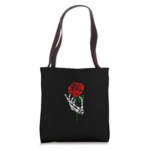 skeleton hand holding rose, traditional tattoo gifts black tote bag
