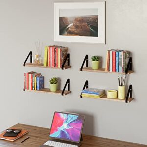 Wallniture Ponza 17"x4.5" Floating Shelves Wall Mounted Set of 4, Wall Shelves for Bedroom, Bathroom, Living Room, Kitchen, Natural Burnt Rustic Wood Wall Decor with Metal Floating Shelf Bracket