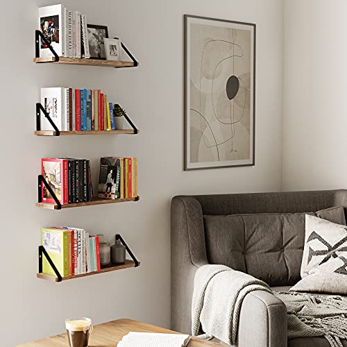 Wallniture Ponza 17"x4.5" Floating Shelves Wall Mounted Set of 4, Wall Shelves for Bedroom, Bathroom, Living Room, Kitchen, Natural Burnt Rustic Wood Wall Decor with Metal Floating Shelf Bracket