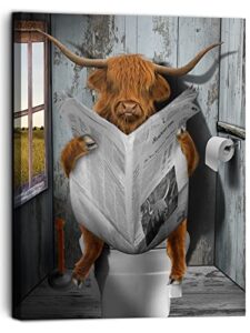 vantboo highland cow are reading newspapers in the toilet canvas prints wall art paintings home decor funny cute artworks pictures for living room bedroom bathroom decoration 12x16 inches