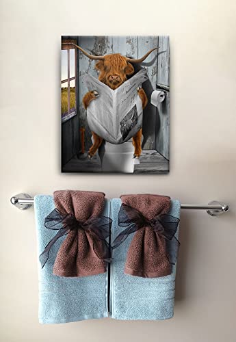 Vantboo Highland Cow are Reading Newspapers In The Toilet Canvas Prints Wall Art Paintings Home Decor Funny Cute Artworks Pictures For Living Room Bedroom Bathroom Decoration 12X16 Inches