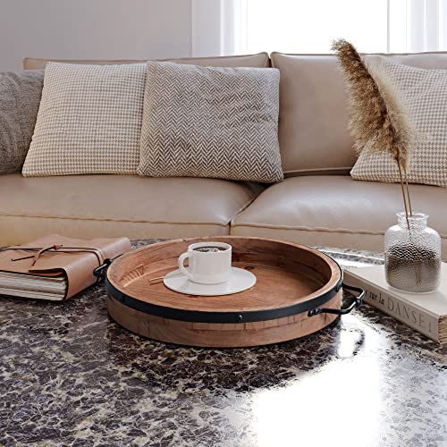 Round Coffee Table Tray - 13'' Farmhouse Wood Serving Tray with Metal Handles - Round Decorative Tray for Coffee Table - Round Ottoman Tray Decor - Wooden Circle Tray for Kitchen Counter