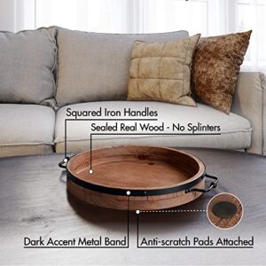 Round Coffee Table Tray - 13'' Farmhouse Wood Serving Tray with Metal Handles - Round Decorative Tray for Coffee Table - Round Ottoman Tray Decor - Wooden Circle Tray for Kitchen Counter