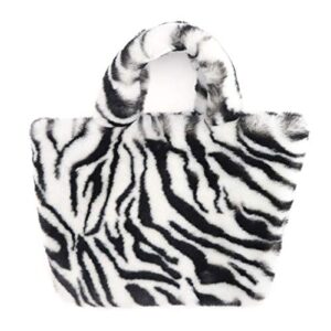 surell - Faux Rex Rabbit Fur Zebra Print Handbag - Small Fuzzy Tote Bag - Cute Y2K Style - Luxurious Fluffy Fashion Purse Gift - Animal Print Pocketbook - Striped Stylish Handbag - (Black/White)
