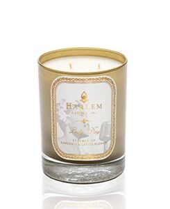 harlem candle company lady day luxury scented candle, double wick, 12 oz gold glass jar, soy wax, gift box, scents of jasmine, ylang ylang, neroli blossom and bergamot