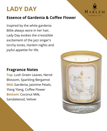 Harlem Candle Company Lady Day Luxury Scented Candle, Double Wick, 12 oz Gold Glass Jar, Soy Wax, Gift Box, Scents of Jasmine, Ylang Ylang, Neroli Blossom and Bergamot