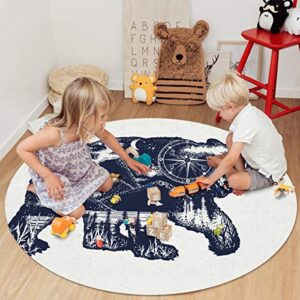 Round Area Rugs 5' in Diameter Anti-Skid Runner Rugs Soft Stain-proof Carpet Bear Double Exposure Tattoo Art Image Great Outdoors Mountains Compass Mat for Bedroom Living Room Kids Nursery Children