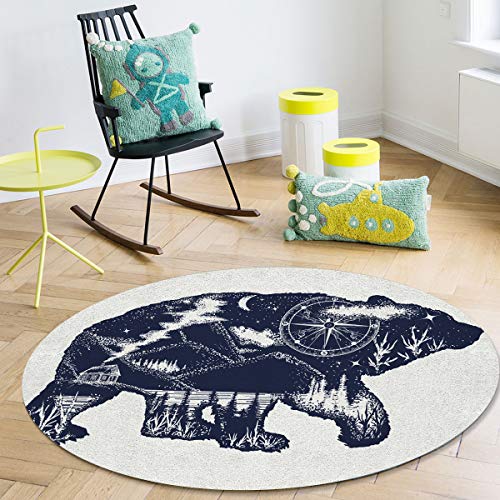 Round Area Rugs 5' in Diameter Anti-Skid Runner Rugs Soft Stain-proof Carpet Bear Double Exposure Tattoo Art Image Great Outdoors Mountains Compass Mat for Bedroom Living Room Kids Nursery Children