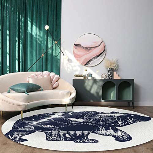 Round Area Rugs 5' in Diameter Anti-Skid Runner Rugs Soft Stain-proof Carpet Bear Double Exposure Tattoo Art Image Great Outdoors Mountains Compass Mat for Bedroom Living Room Kids Nursery Children