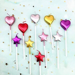 10 cute heart shaped and star birthday candles multi-color cake candle toppers for party wedding cake decoration supplies (heart star, multi-colored)