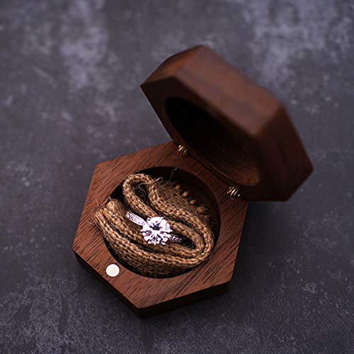 CALIDAKA Wood Ring Box for Wedding Ceremony Rustic Vintage Ring Bearer Box,Hexagon Ring Box Engagement Ring Box for Marriage Jewelry Case Jewelry Gift Box Black Walnut Wooden