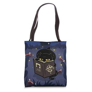 black cat witch magic spell book curse witchy halloween cute tote bag