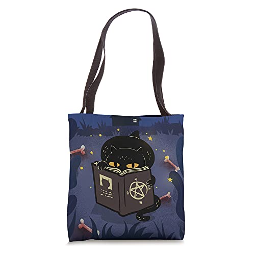 Black Cat Witch Magic Spell Book Curse Witchy Halloween Cute Tote Bag