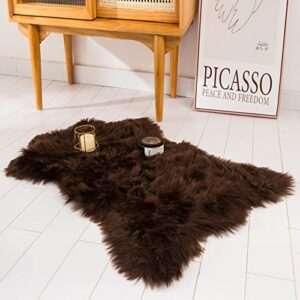 hyseas faux sheepskin fur area rug brown, 2×3 feet, fluffy soft fuzzy plush shaggy carpet throw rug for indoor floor, sofa, chair, bedroom, living room, home decoration