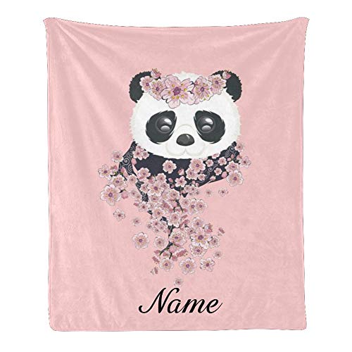 CUXWEOT Custom Blanket with Name Text Personalized Cherry Blossom Panda Soft Fleece Throw Blanket for Gifts (50 X 60 inches)