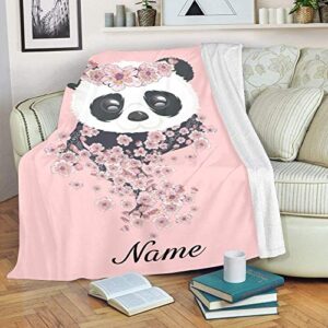 CUXWEOT Custom Blanket with Name Text Personalized Cherry Blossom Panda Soft Fleece Throw Blanket for Gifts (50 X 60 inches)