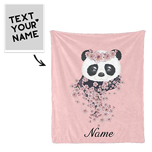 CUXWEOT Custom Blanket with Name Text Personalized Cherry Blossom Panda Soft Fleece Throw Blanket for Gifts (50 X 60 inches)