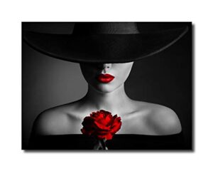 paimuni elegant woman canvas wall art for living room black white red rose prints modern wall decor ready to hang 12×16 inch