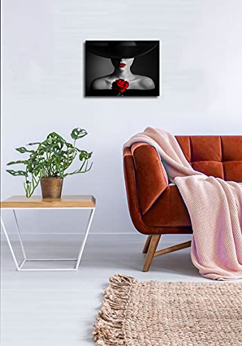 Paimuni Elegant Woman Canvas Wall Art for Living Room Black White Red Rose Prints Modern Wall Decor Ready to Hang 12x16 Inch