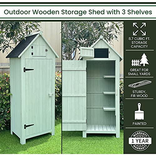 Hanover Outdoor Vertical Wooden Storage Shed for Tools, Equipment, Garden Supplies, with Shelf and Lock, 8.7 cu. ft. Capacity - HANWS0102-GRN