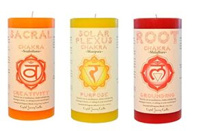 crystal journey pillar chakra candles bundle of 3 (sacral chakra, solar plexus chakra, root chakra)