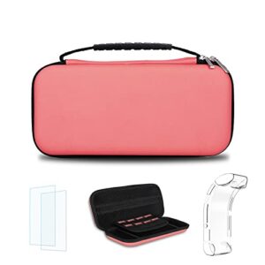 simpeak accessories case compatible with switch lite, travel carrying case hard shell storage bag for console and accessories, with tempered glass and silicone protective case for girls coral pink