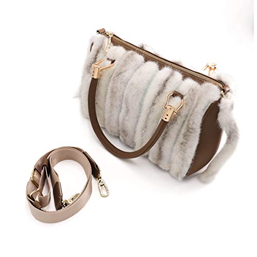 surell - Luxurious Mink Fur Handbag w Tails - Leather Tote Bag - High Fashion Purse Gift - Beautifully Crafted Pocketbook with Zipper Closure - Stylish and Quality Fuzzy Accessory - (White/Beige)