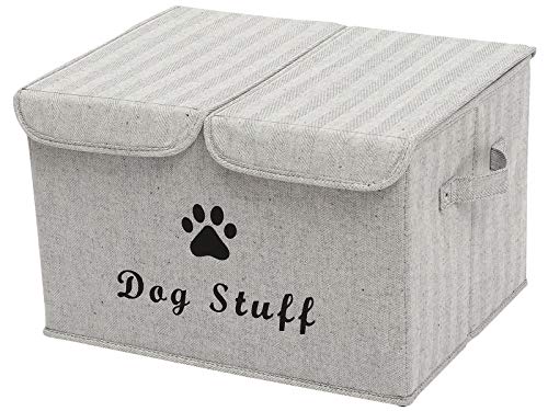 Xbopetda Linen Fabric Box with lid and Handles Foldable Dog Storage Cubes Box,Great for Dog Apparel & Accessories-Striped Gray