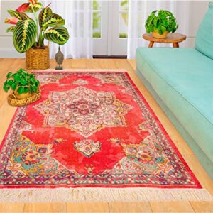 mandala life art – 3′ x 5′ moroccan vintage red pink vintage rug with fringes – digital print cotton tapestry – bohemian carpet – decorative accent piece for you living room, bedroom