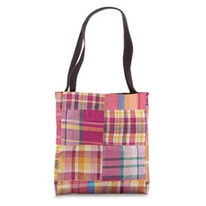 cute preppy madras plaid patchwork summer pattern tote bag