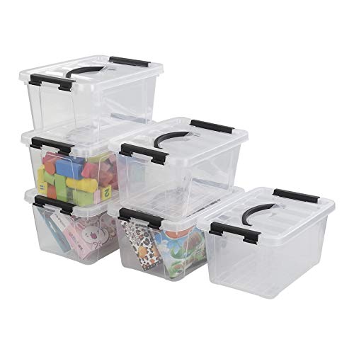 Jandson 6 Pack Small Plastic Storage Bin with Lid, 6 Quart Latching Storage Box, Clear