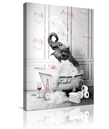 familypers Bathroom Canvas Wall Art Funny Pictures Elephant In Bathtub With Pink Bubbles Wall Decor Grey Background Print For Home Decorations Bathroom Wall Decor Ready To Hang 12x16 Inch