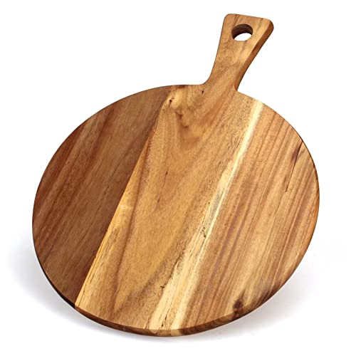 Acacia Wood Cutting Board with Handle Wooden Chopping Board Round Paddle Cutting Board for Meat Bread Serving Board Charcuterie Board Chopping Blocks Circular Circle Carving Cutting Board