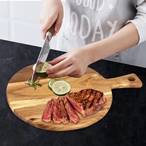 Acacia Wood Cutting Board with Handle Wooden Chopping Board Round Paddle Cutting Board for Meat Bread Serving Board Charcuterie Board Chopping Blocks Circular Circle Carving Cutting Board