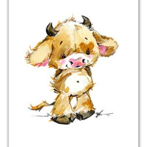 Watercolor Cartoon Cow Nursery Prints - Set of 4 (8x10) Inches Glossy Handpainted Cattle Taurus Dairy Livestock Bovinae Cute Farm Barn Holstein Kid's Baby Bedroom Wall Art Decor