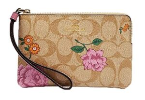 coach signature canvas corner zip wristlet with smooth leather detailing and a prairie rose print (light khaki/multi/gold)