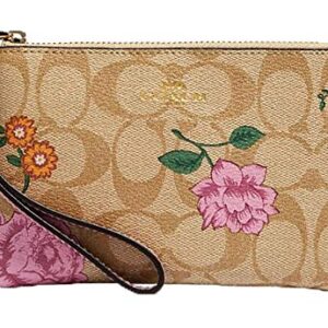 Coach Signature Canvas Corner Zip Wristlet with Smooth Leather Detailing and a Prairie Rose Print (Light Khaki/Multi/Gold)