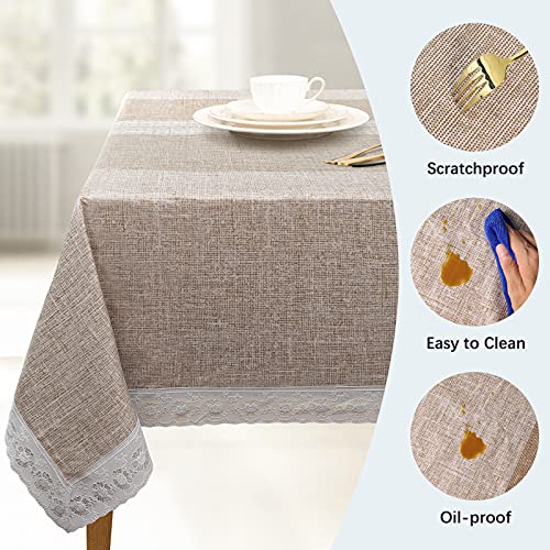 JUCFHY Vinyl Tablecloth with Flannel Backing,Plastic Waterproof Rectangle Tablecloths,Flannel Backed Table Cloth for Camping Dining Indoor & Outdoor,Durable Table Cover(Brown Stripes,52 x 72 Inch)