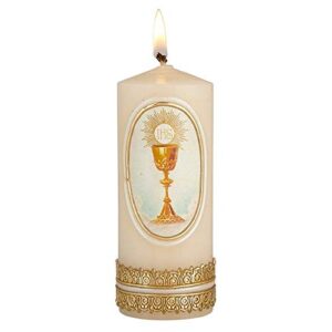 first communion candle with chalice and host decoration, keepsake gift for girls and boys, 4 3/4 x 2 inches