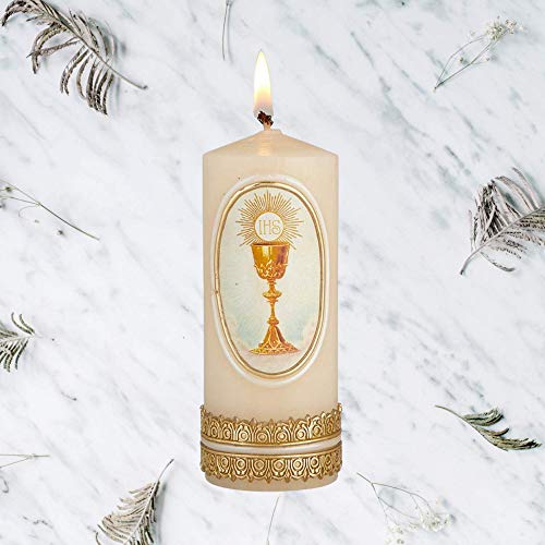 First Communion Candle with Chalice and Host Decoration, Keepsake Gift for Girls and Boys, 4 3/4 x 2 Inches