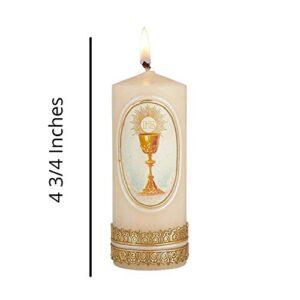 First Communion Candle with Chalice and Host Decoration, Keepsake Gift for Girls and Boys, 4 3/4 x 2 Inches