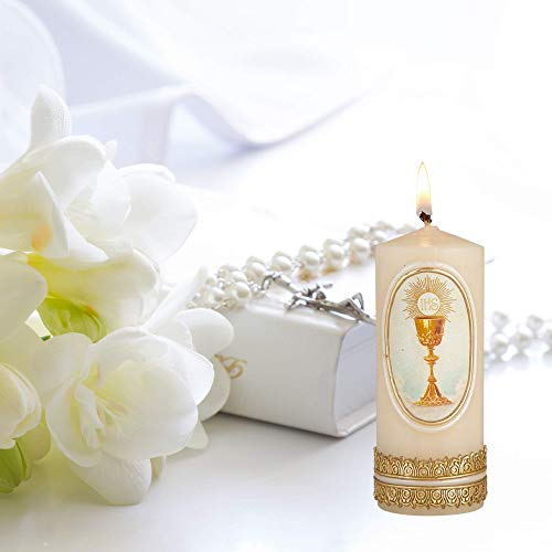 First Communion Candle with Chalice and Host Decoration, Keepsake Gift for Girls and Boys, 4 3/4 x 2 Inches