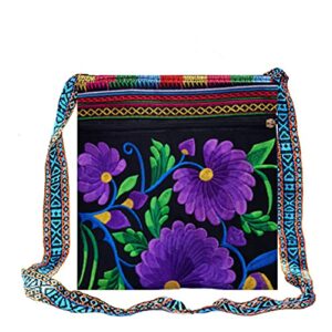 hobo purse crossbody bag for women, 3 zipper pockets vintage ethnic tribal embroidered boho hippie shoulder bags for girls,ladies (purple flower)