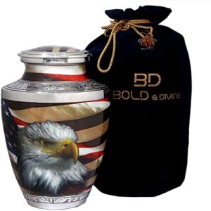 BOLD & DIVINE American Flag Patriotic and Veteran Cremation Urns for Human Ashes Adult Male | Funeral Decorative Urn for Men Carefully Handcrafted with Necklace, Police Dog K9 Army Firefighter