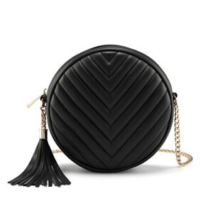 chic diary small crossbody bags for women round quilted purse with tassel faxu leather shoulder bag (black)