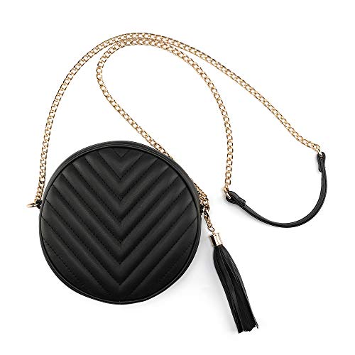 CHIC DIARY Small Crossbody Bags for Women Round Quilted Purse with Tassel Faxu Leather Shoulder bag (Black)