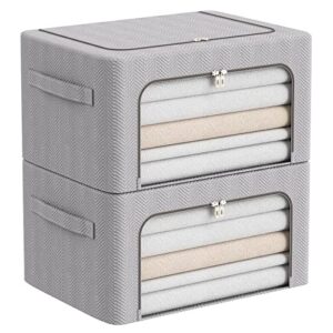 foldable clothes storage bins 2 pack, stackable metal frame clothing storage box, oxford fabric organizer set with clear windows&sturdy carry handles(22l,light grey)