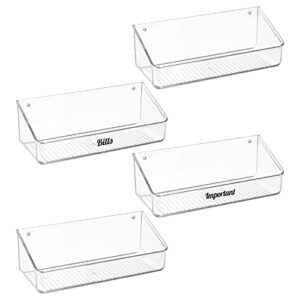mdesign wall mount storage organizer tray bin – modern plastic wide hanging shelf basket for walls/doors in office – 4 pack + 32 adhesive labels – clear