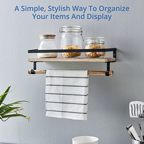 Halter Bathroom Shelf with Towel Bar, Wall Mounted Floating Shelves with Bar and Paper Towel Rod for Bathroom and Kitchen, Wooden Bathroom Shelves, Floating Bar Shelves, Natural